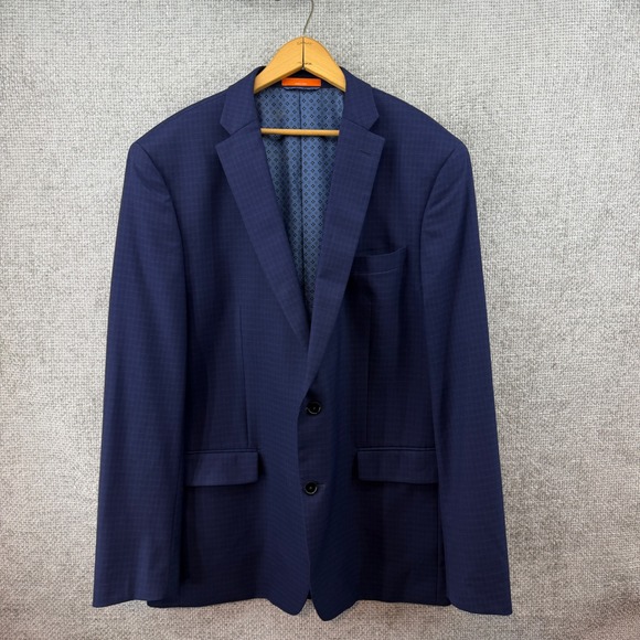 TALLIA Other - TALLIA Mens 46L Navy Blue Grid Pattern Blazer Poly Blend Stretch Jacket 2 Button
